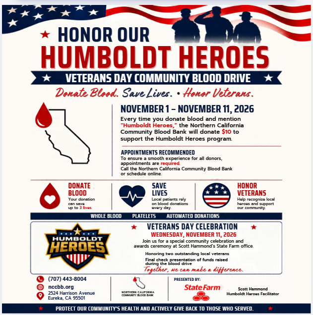 Honor Our Humboldt Heroes: Veterans Day community blood drive, November 1–11, 2026. Donate blood, save lives, honor veterans.