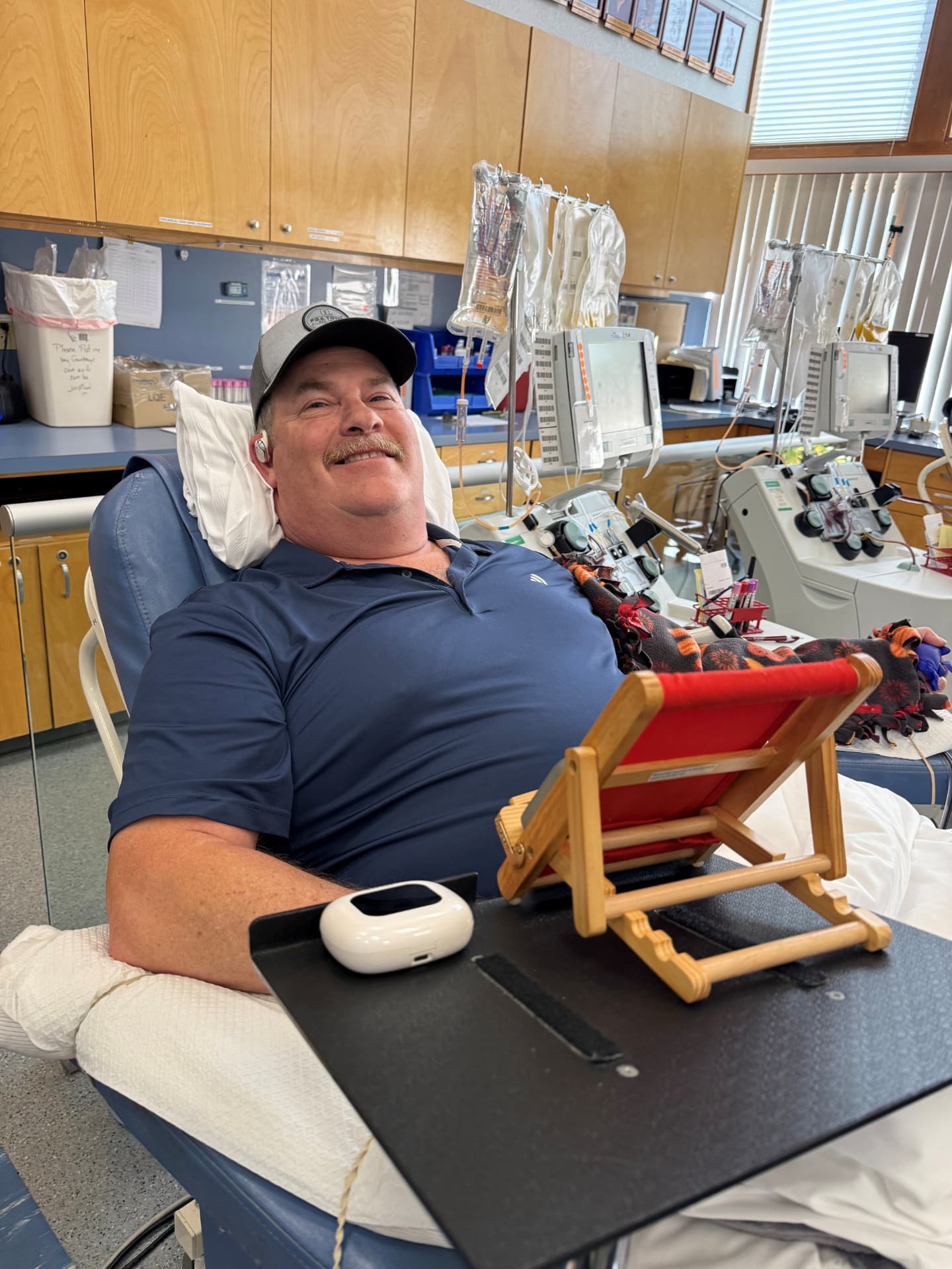 Ken relaxing in a donation chair during his first platelet donation