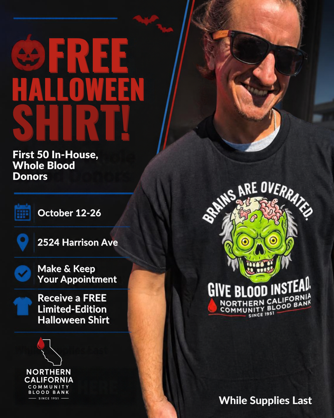 Official campaign flyer: free Halloween shirt for the first 50 in-house whole blood donors, October 12–26
