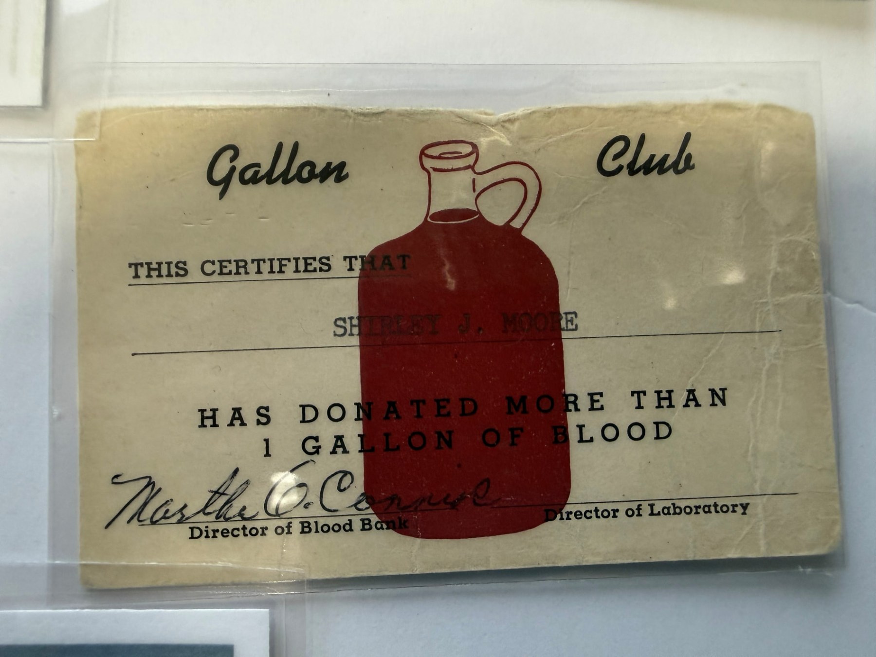 Historic one-gallon blood donor club certificate